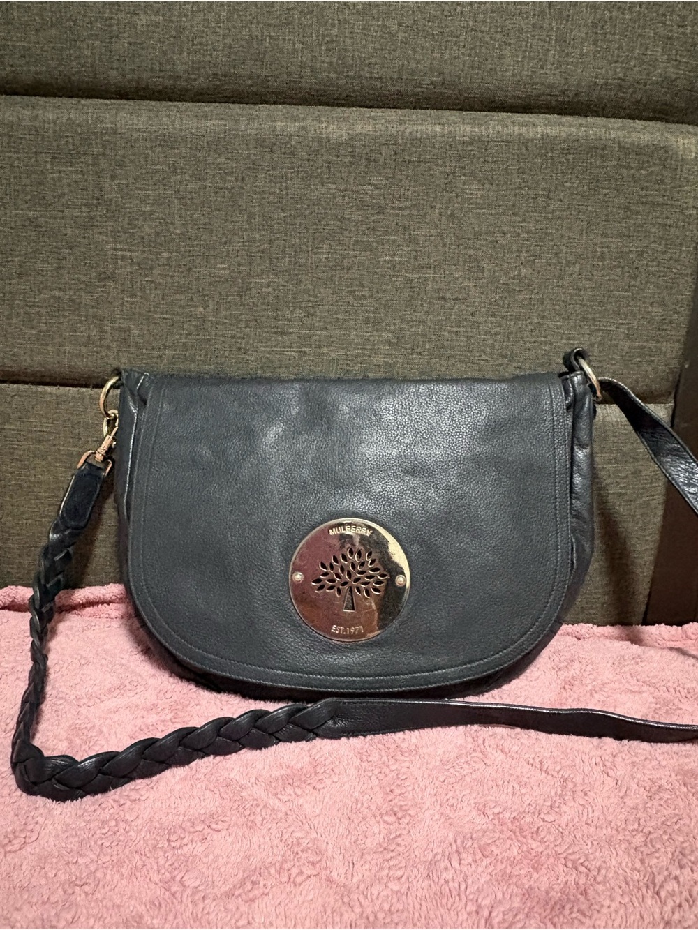 Mulberry Leather Saddle Crossbody with Braided Strap and Tree Emblem